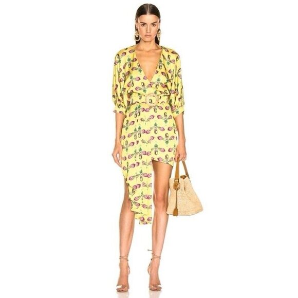 PatBo Asymmetrical Belted Floral Mini Dress Puff Sleeves Satin Yellow Size 4 - Picture 1 of 15